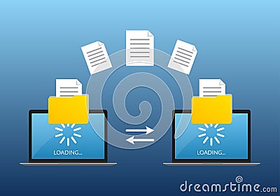 File transfer concept. Two Laptop computers with folders send and upload documents. File copy, data or information exchange design Vector Illustration